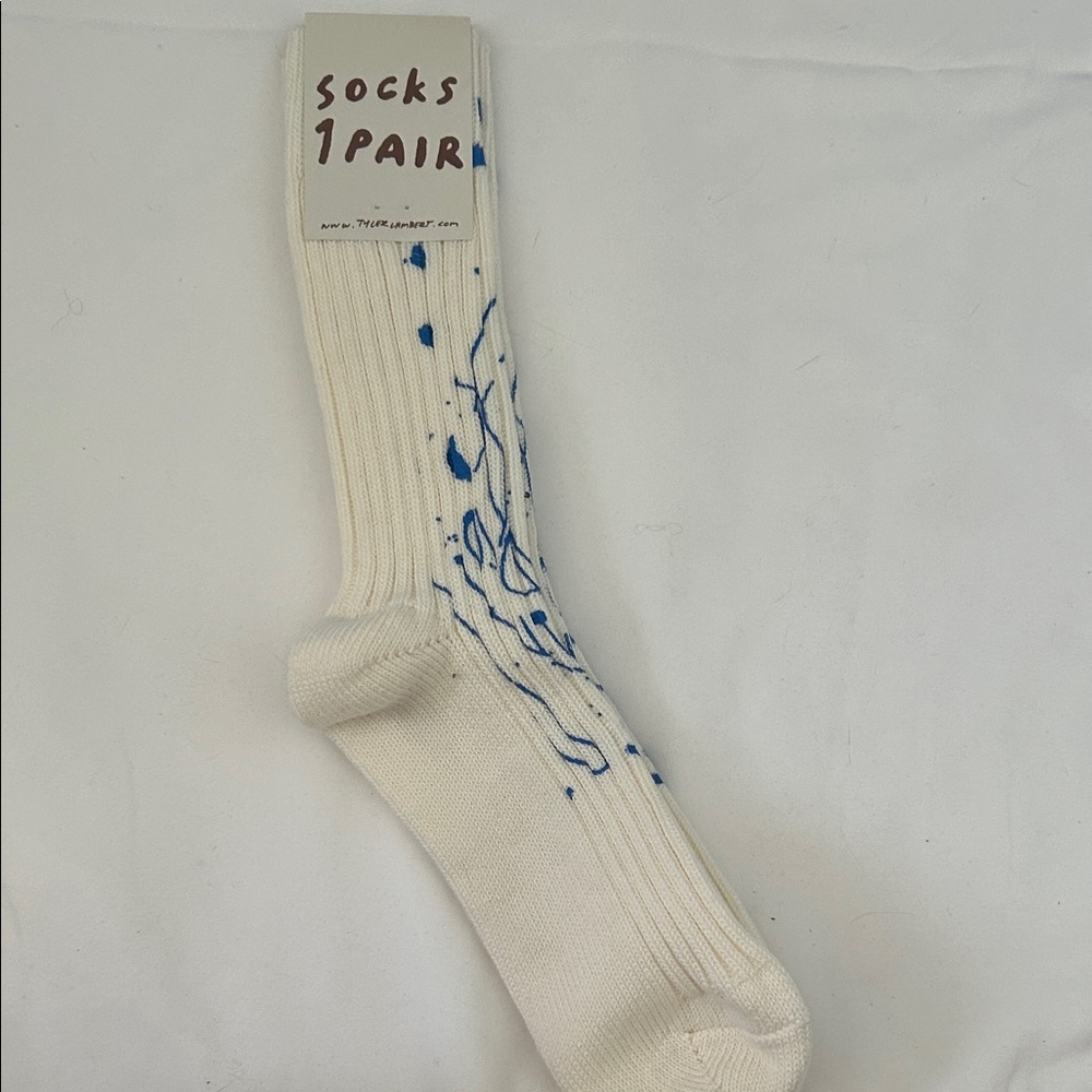Womens or Men's White Crew Socks with Blue Splash Accent